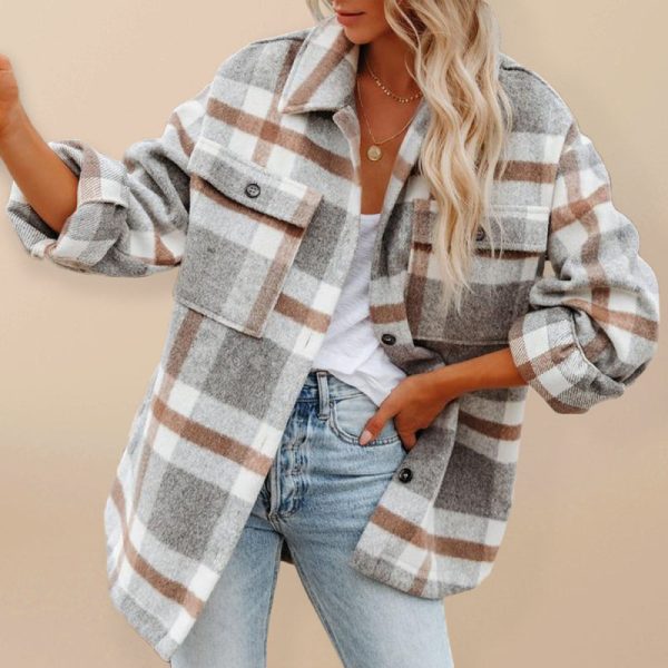Women’s Spread Collar Long Sleeves With Button Cuffs Plaid Shirt-jacket Sale - Image 2